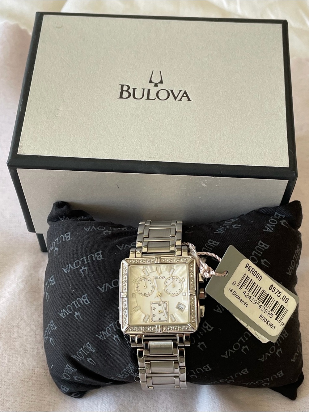 Bulova Silver Women's Square Chronograph Watch with Crystal Accents